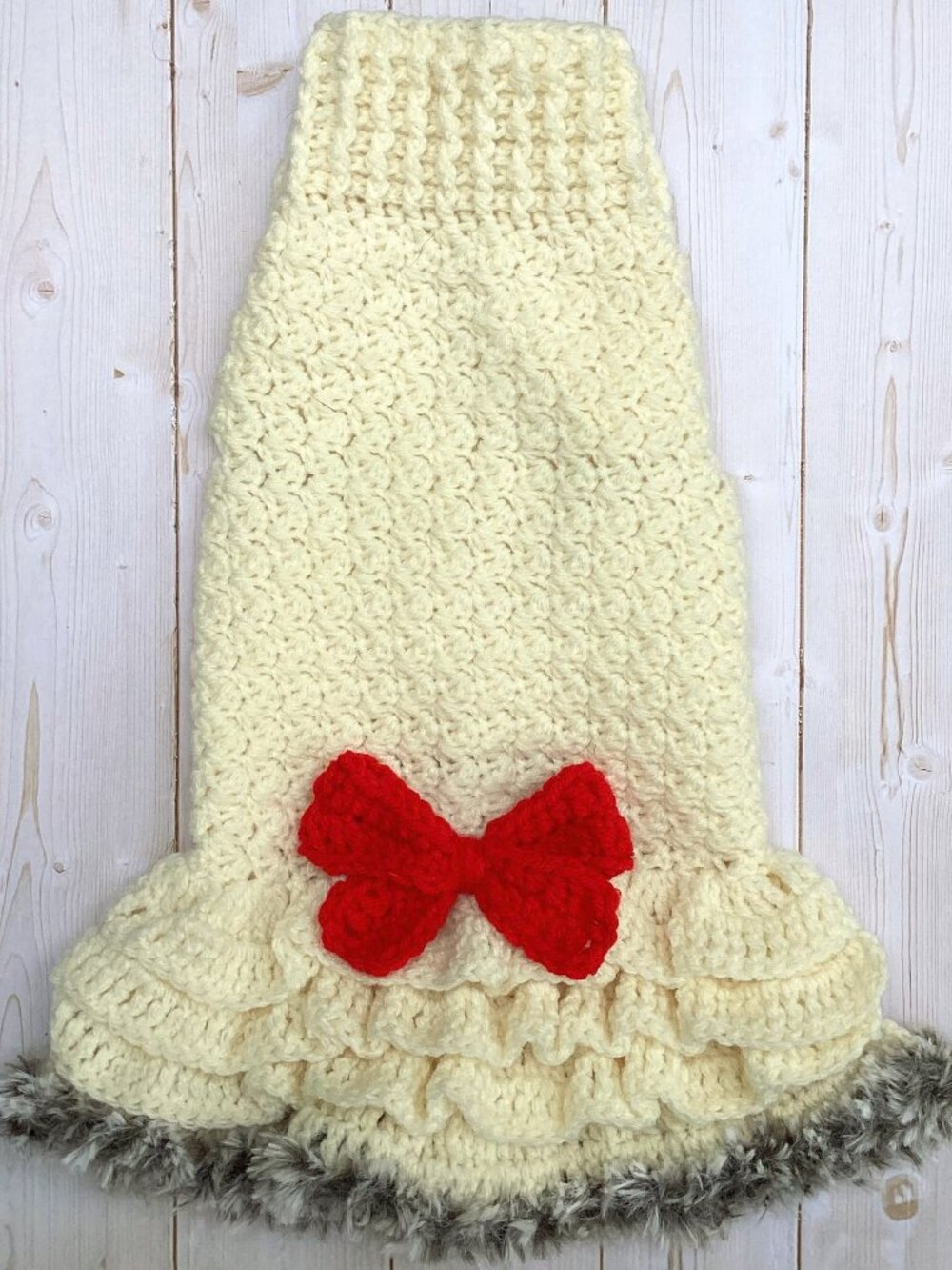 Handmade Crocheted Ruffle Dog Dress with Red Bow (Size Small)